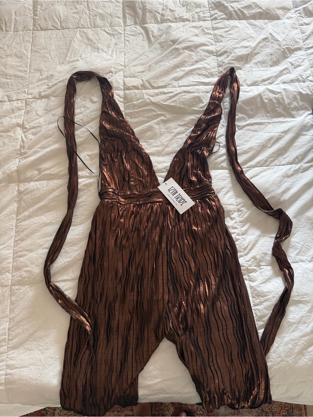 12th Tribe Copper Metallic Plisse Jumpsuit